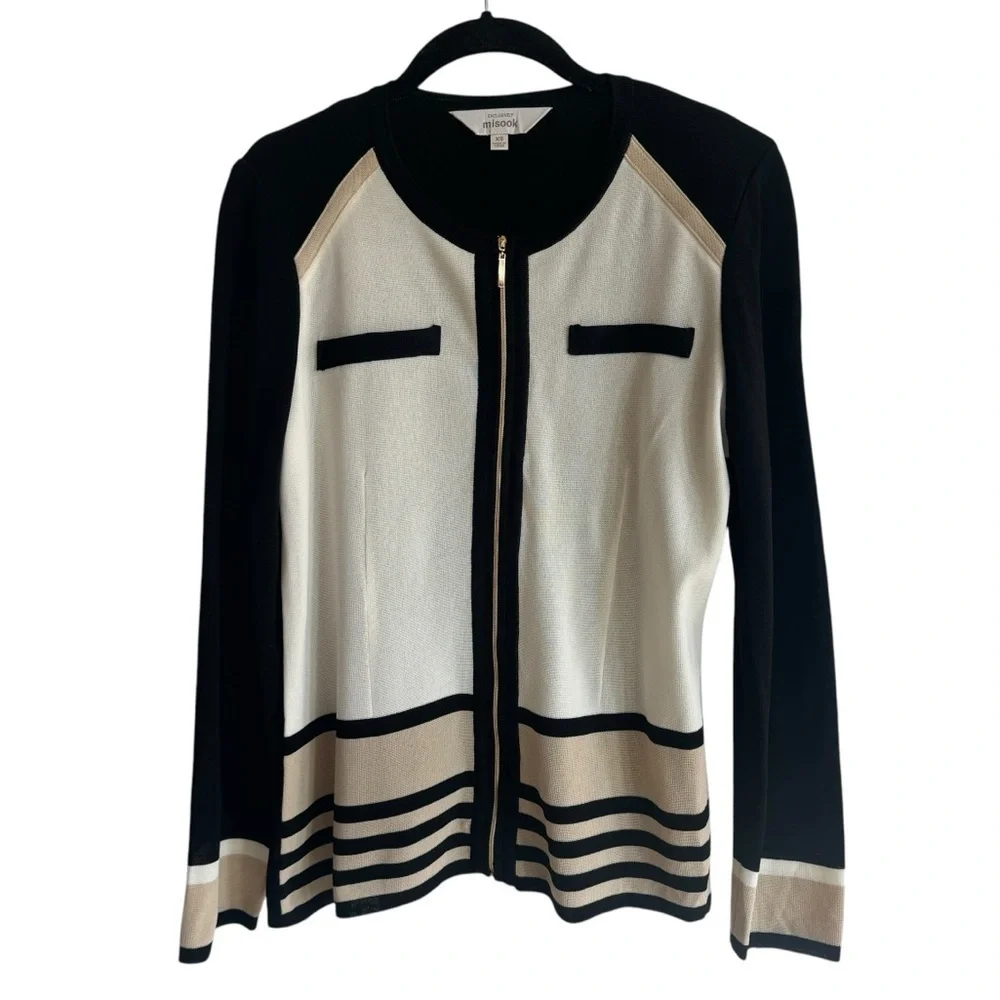 Misook Striped Colorblock Zip Cardigan Jacket, Size XS